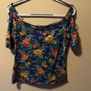 Guess Floral Off-Shoulder Crop Top - Blue, Yellow, Pink